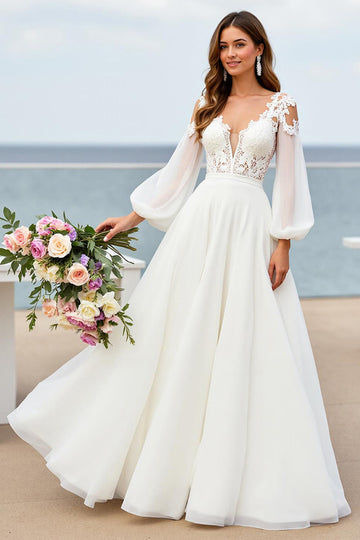 Cold Shoulder Chiffon A Line Ivory Wedding Dress with Lace Appliques